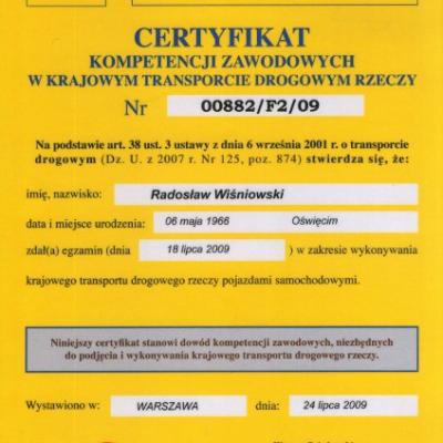 Certyfikat Kompetencji Zawodowych w Krajowym Transporcie Drogowym Rzeczy nr 00882/F2/09 – Radosław Wiśniowski 