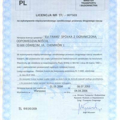 Licencja na wykonywanie międzynarodowego zarobkowego przewozu drogowego rzeczy.
